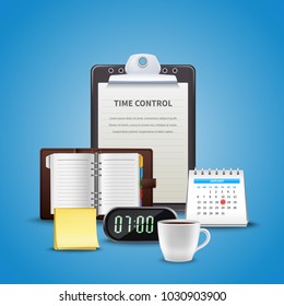 Time management realistic concept with different attributes of time control at the work vector illustration