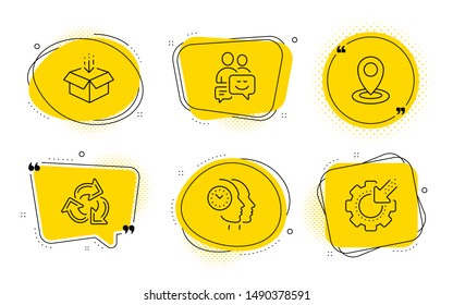 Time management, Recycle and Seo gear signs. Chat bubbles. Location, Get box and Communication line icons set. Map pointer, Send package, Business messages. Teamwork clock. Technology set. Vector