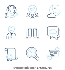 Administración de tiempo, Refrescar sitio web y los iconos de línea de pronóstico del tiempo. Certificado de Diploma, Salvar planeta, grupo de personas. Paneles de química, de copyrighter y del tiempo nocturno. Vector