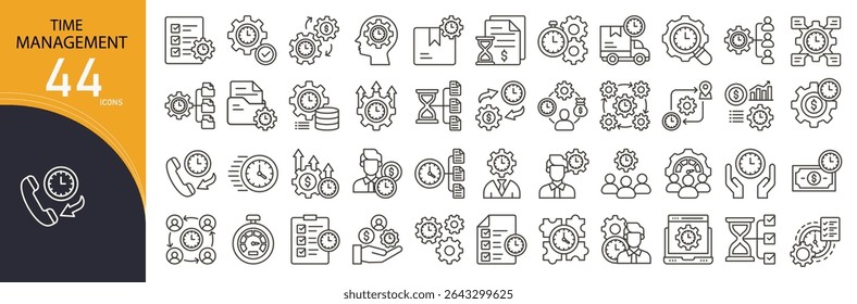 Time management related icon collections. Containing clock, calendar, schedule, deadline, planner, stopwatch, reminder, task, productivity, timer icons. Outline icons.
