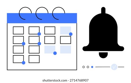Gerenciamento de tempo, lembretes, notificações, ferramentas de produtividade, organização de eventos, agendamento. Calendário minimalista com pontos de evento e campainha de notificação. Conceito de gerenciamento de tempo e lembretes