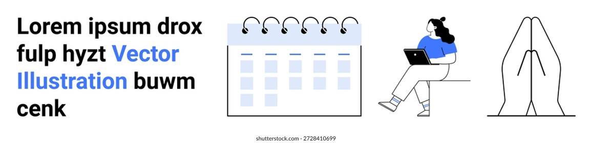 Gerenciamento de tempo, trabalho remoto, produtividade, espiritualidade, atenção plena, locais de trabalho modernos. Calendário, mulher com laptop rezando mãos. Conceito de gerenciamento de tempo e trabalho remoto