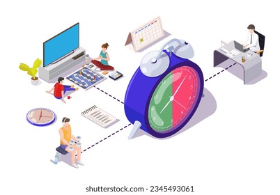 Time management and rest work schedule balance infographic. 3d vector illustration with office worker engaged in job opportunity, family recreation and eating