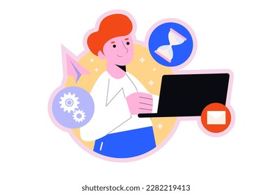 Time Management Round Konzept mit Menschen Szene in der flachen Cartoon Stil. Der Arbeitnehmer plant seine Zeit korrekt, alle notwendigen Arbeiten so schnell wie möglich durchzuführen. Vektorgrafik.