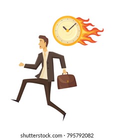 Time management, running businessman and clock set in fire, deadline and man with briefcase, vector illustration isolated on white background