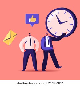 Time Management, Sales Funnel, Procrastination in Business. Businessman Character Point on Huge Clock to Colleague. Working Productivity Planning and Scheduling, Cartoon People Vector Illustration