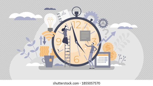 Administración de tiempo con programación como un concepto de persona diminuta de productividad de trabajo ocupado. Planificación de tareas precisas para la ilustración vectorial de la eficiencia laboral. Organizar el escenario del programa de trabajo con elementos de reloj y tarea