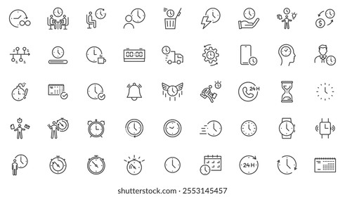 Time management, schedule, clocks and productivity Icon Set. Thin line graphic element vector symbols.