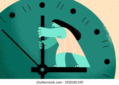 Time management, schedule, opportunity concept. Young business woman standing and trying to stop time in watch face and get more chance to reach goal and success illustration