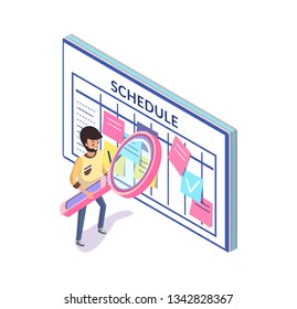 Time management and schedule, organizer or calendar vector. Business planning and timetable, notes and man with magnifier, events and affairs, productivity