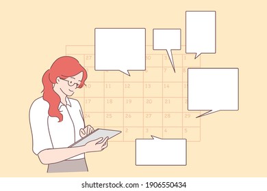 Time Management, Schedule, Planning Concept. Young Positive Businesswoman Planning Day Scheduling Appointment In Calendar, Sending Messages, Adding Event, Putting Reminders In Tablet 