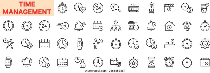 Projeto de ícone de linha de planejamento de programação e gerenciamento de tempo com relógio, alarme, calendário, cronômetro, engrenagem, ampulheta, planejador, temporizador, lembrete e produtividade Ícones design de ícone