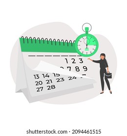 Time management and schedule planning scenes. Characters managing work and life time, organizing daily tasks and putting mark on calendar. Flat cartoon vector illustration and icon.