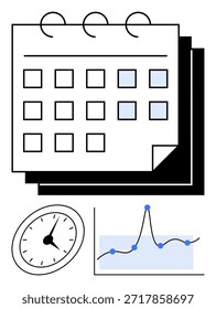 Gerenciamento de tempo, programação, planejamento de negócios, produtividade, análise de dados, gerenciamento de calendário. Um calendário, relógio e gráfico de linha de dados. Conceitos de gerenciamento de tempo e agendamento
