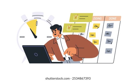 Time management and scheduling concept. Planning tasks, tracking workflow progress on kanban board. Employee organizing work, managing deadlines. Flat vector illustration isolated on white background