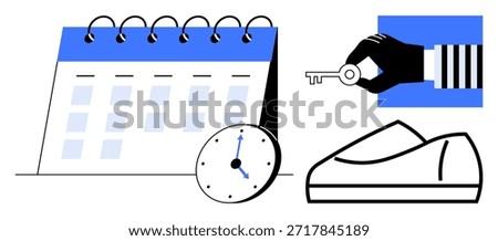 Time management, scheduling, planning, organization, security, key access. A calendar, clock key in hand and shoe showing symbols of planning and security. Time management and scheduling concept