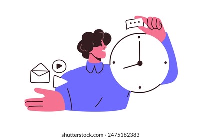 Time management. Scheduling work, planning, organizing business tasks. Productive efficient man with clock, control deadline. Efficiency concept. Flat vector illustration isolated on white background