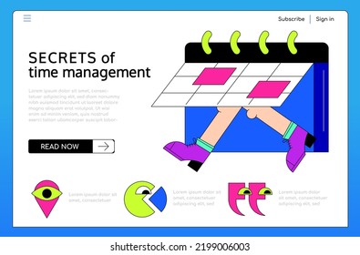 Time management secrets - colorful flat design style banner with copy space for text. Neon colored composition with calendar and human feet. Time management, dates, monthly plan and responsibility