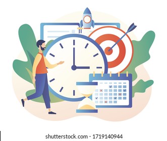 Time management, self control, self management, target, productivity metaphors. Self Discipline and Motivation concept. Modern flat cartoon style. Vector illustration on white background
