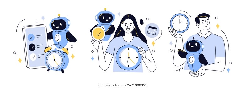Time management set. Characters using artificial intelligence generative tools to manage, prioritize, delegate tasks and schedule. Business and organization concept. Vector illustration.
