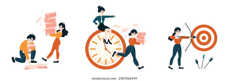 Time Management set. Dynamic business people tackle deadlines, prioritize tasks, aim for targets. Efficient workflow and punctuality theme. Flat vector illustration