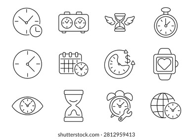 Time management set icon. Analog dial, dual chronometer, winged hourglass, portable stopwatch, scheduling calendar, productivity tracker, wearable monitor, worldwide timezone indicator