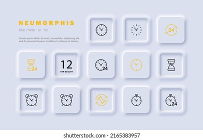 Time management set icon. Clock, alarm clock, around the clock, reminder, stopwatch, minute, calendar, wristwatch, wall clock. Punctuality concept. Neomorphism style. Vector line icon for Business
