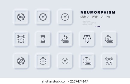 Icono de conjunto de administración de tiempo. Reloj, despertador, todo el día, recordatorio, cronómetro, reinicio, calendario, reloj de pulsera, reloj de pared. Concepto de puntualidad. Estilo neomorfista. Icono de línea de vector para empresas