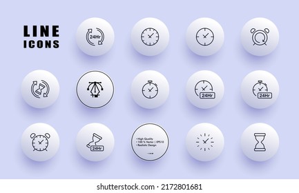 Time management set icon. Clock, watch, restart hourglass, alarm, stopwatch, sekund, minute, wall clock. Punctuality concept. Neomorphism style. Vector line icon for Business and Advertising