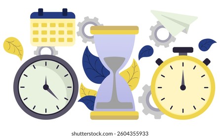 Time management set icon. Clock, hourglass, calendar, gear, and leaves symbolize deadline, eco productivity, and task control.