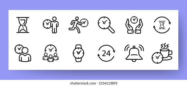 Time management set icon. Stove clock, run, pawn, alarm clock, break. Punctuality concept. Vector line icon for Business and Advertising