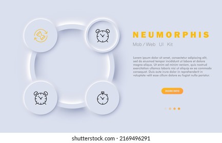 Time management set icon. Wall clock, minutes, minute hand,, whach, hourglass, alarm, preciseness, nicety. Punctuality concept. Neomorphism style. Vector line icon for Business and Advertising
