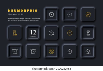 Time management set icon. Wall clock, minutes, minute hand, stopwhatch, hourglass, alarm, 27 to 7. Punctuality concept. Neomorphism style. Vector line icon for Business and Advertising