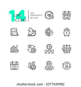 Time management - set of line design style icons isolated on white background. High quality business metaphors. Strategy, checklist, timer, scales, money exchange, deadline, teamwork