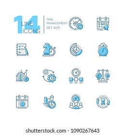 Time management - set of line design style icons, black and blue, isolated on white background. High quality business metaphors. Strategy, checklist, timer, scales, money exchange, deadline, teamwork