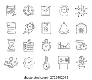 Gestión del tiempo establecido en el esquema de líneas de arte diseñado para la Asistencia de la organización de los horarios diarios a través de calendarios recordatorios cronómetros listas de comprobación documentos herramientas de planificación proyectos