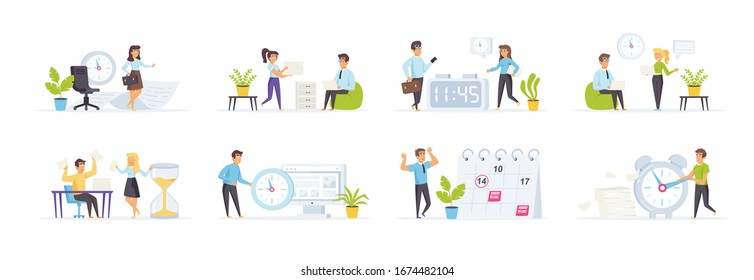 Time management set with people characters in various situations. Deadline and pressure at work, businesspeople working overtime in office. Bundle of rush work and stress at workplace in flat style