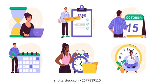 Time management set. People with clocks and calendar. Efficient work process organization. Planning and scheduling. Hardworking employee in office. Flat vector collection isolated on yellow background