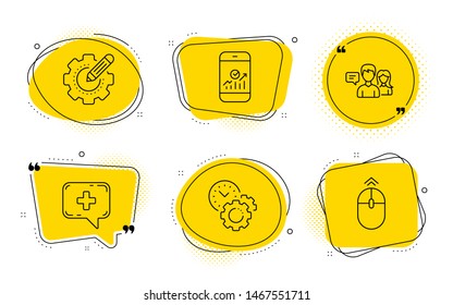 Time management, Settings gear and Swipe up signs. Chat bubbles. Smartphone statistics, Medical chat and People talking line icons set. Mobile business, Medicine help, Contact service. Vector