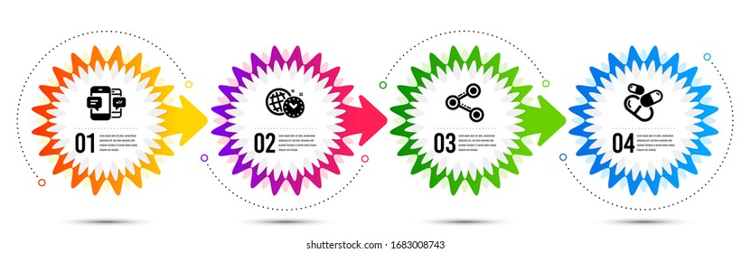 Administración de tiempo, Compartir y Smartphone iconos sms conjunto simple. Ilustración de pasos de línea de tiempo. Signo de la píldora de la cápsula. World clock, Siga la red, Mensajes móviles. Medicamentos. Conjunto de negocios. Vector