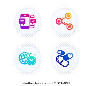Time management, Share and Smartphone sms icons simple set. Button with halftone dots. Capsule pill sign. World clock, Follow network, Mobile messages. Medicine drugs. Business set. Vector