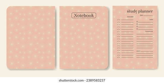 Time management sheet design set in pink color. Heavenly elements notebook cover. Blank printable goal setting sheet.