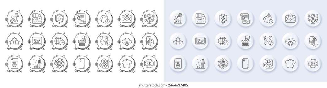 Time management, Shield and Cloud computing line icons. White pin 3d buttons, chat bubbles icons. Pack of Floor lamp, Gps, Card icon. Fuel price, Analysis app, Ranking stars pictogram. Vector