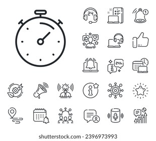 Time management sign. Place location, technology and smart speaker outline icons. Timer line icon. Stopwatch symbol. Timer line sign. Influencer, brand ambassador icon. Support, online offer. Vector