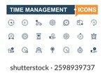 Time Management simple icon set. Includes symbols for stopwatch, timer, watch, clock, dial, day and more. Time And Clock icon pack. Flat UI icons. Editable vector art.