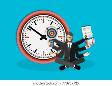 Time management six hands man. Idea of strategy, planning and doing.