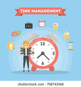 Time management six hands woman. Idea of strategy, planning and doing.