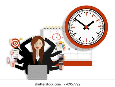 Time management six hands woman. Idea of strategy, planning and doing.