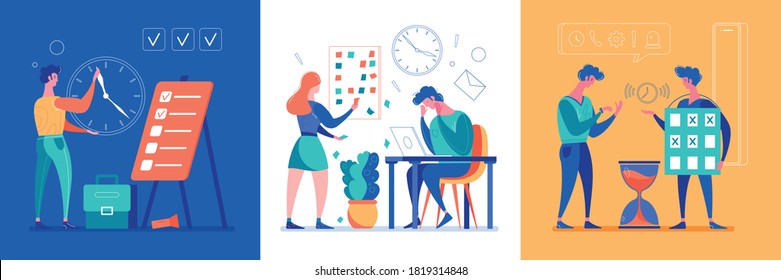 Time management skills 3 flat cartoon concept compositions tight deadline handling projects tracking hourglass symbols vector illustration     