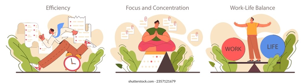 Time management skills. Character with self-discipline. Planning and checking task, appointment or assignment planning. Organization for performance efficiency. Flat vector illustration